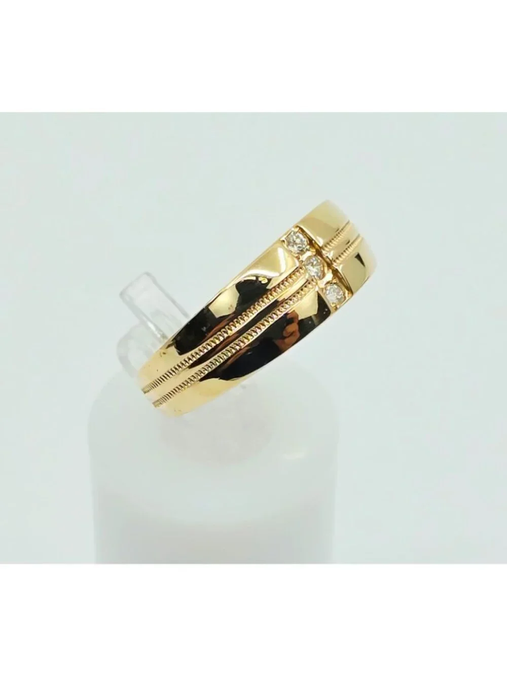 Unique 14K Solid Yellow Gold Designer Vertical Row 3 Diamond Ring Band Size 7.25